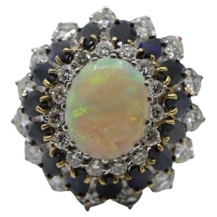 Anillo vintage de oro blanco de 14 quilates con ópalo, zafiro y diamantes