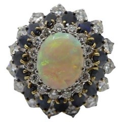Anillo vintage de oro blanco de 14 quilates con ópalo, zafiro y diamantes