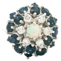 Vintage 14k White Gold Opal Sapphire & Diamond Waterfall Pyramid Cocktail Ring