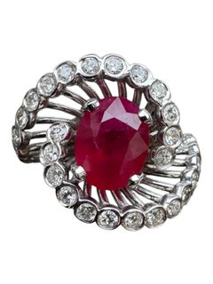 Vintage 14K White Gold Oval Ruby and Diamond Halo Ring
