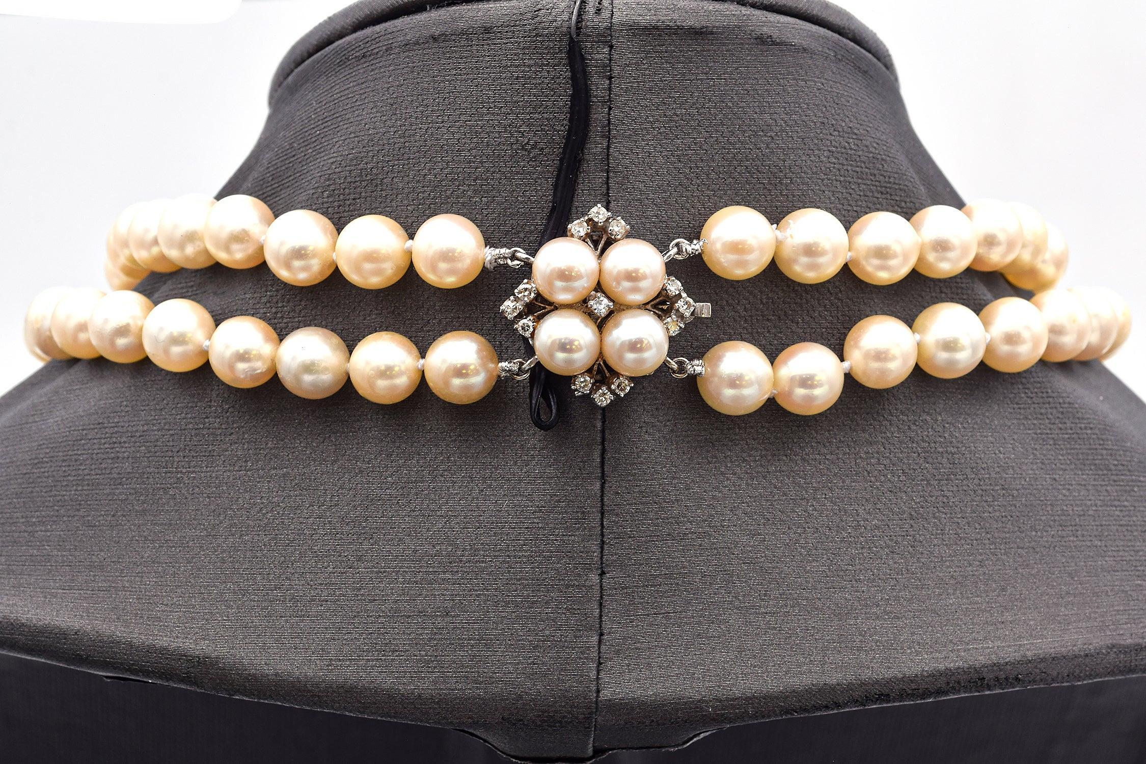 Collana a doppio filo con perle e diamanti d'epoca in oro bianco 14K in vendita 1
