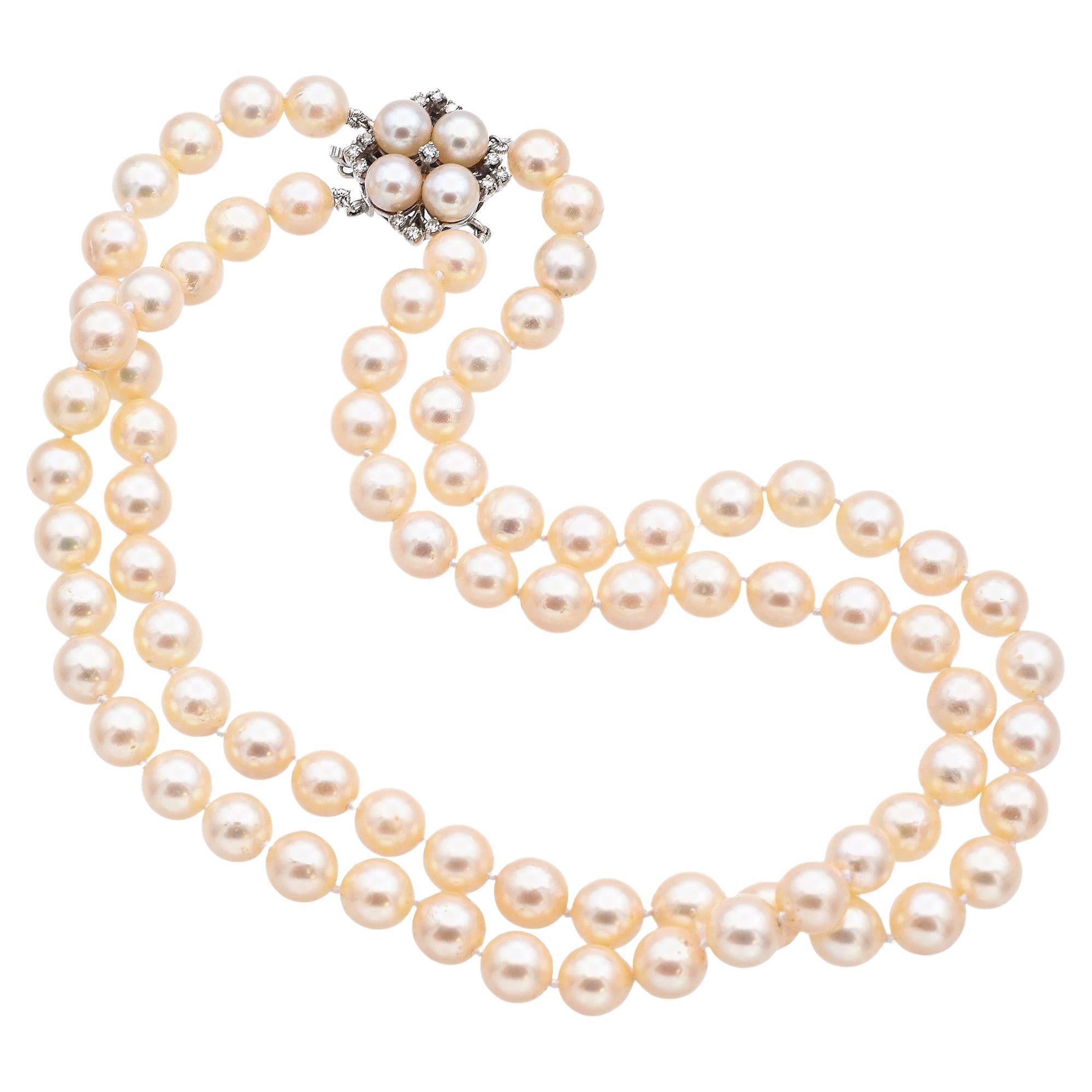 Vintage 14K White Gold Pearl and Diamond Beaded Double-Strand Necklace