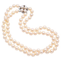 Vintage 14K White Gold Pearl and Diamond Beaded Double-Strand Necklace