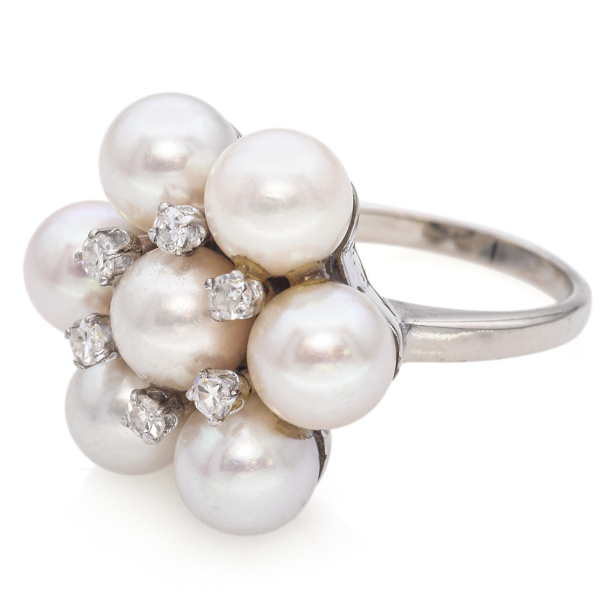 Uncut Vintage 14K White Gold Pearl and Diamond Cluster Ring For Sale