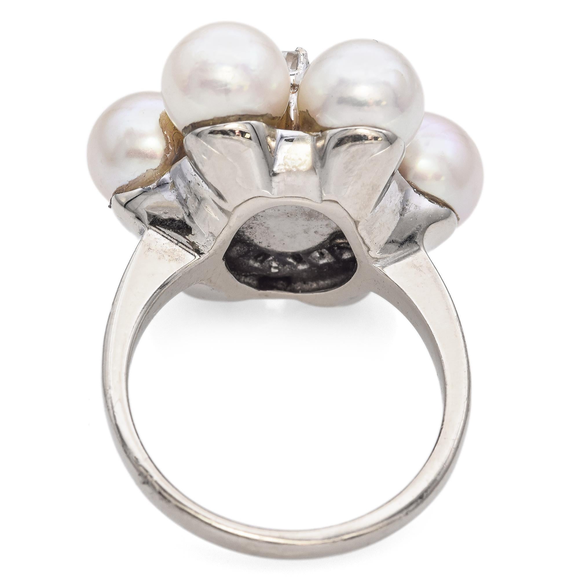 Women's Vintage 14K White Gold Pearl and Diamond Cluster Ring For Sale