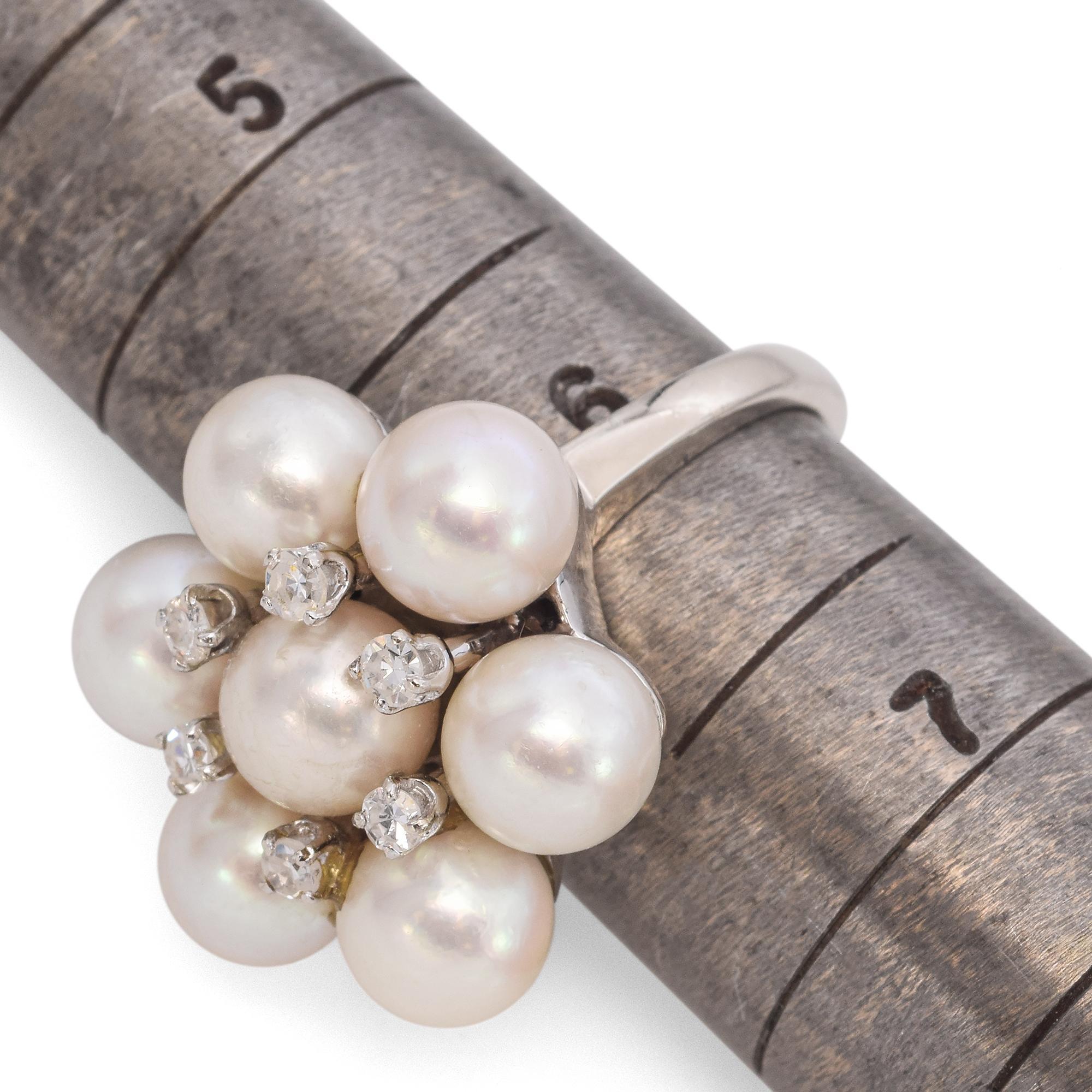 Vintage 14K White Gold Pearl and Diamond Cluster Ring For Sale 2