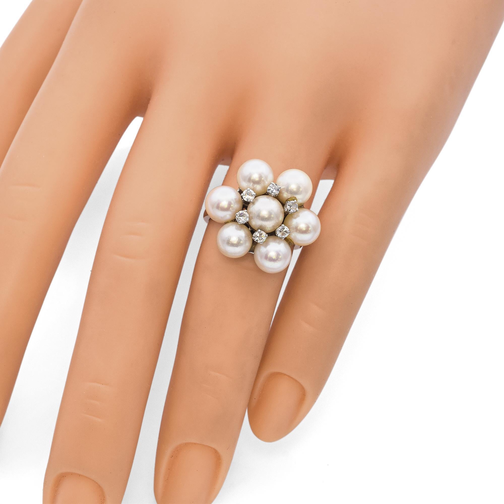 Vintage 14K White Gold Pearl and Diamond Cluster Ring For Sale 3