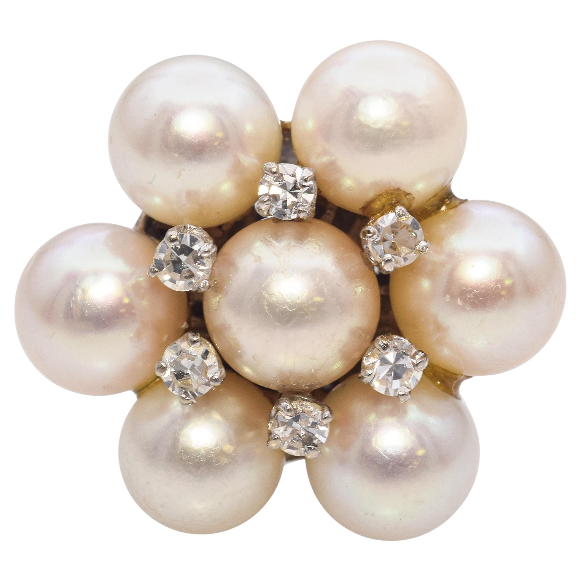 Vintage 14K White Gold Pearl and Diamond Cluster Ring