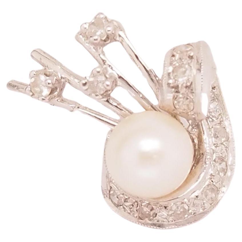 Vintage 14K White Gold Pearl and Diamond Pendant For Sale