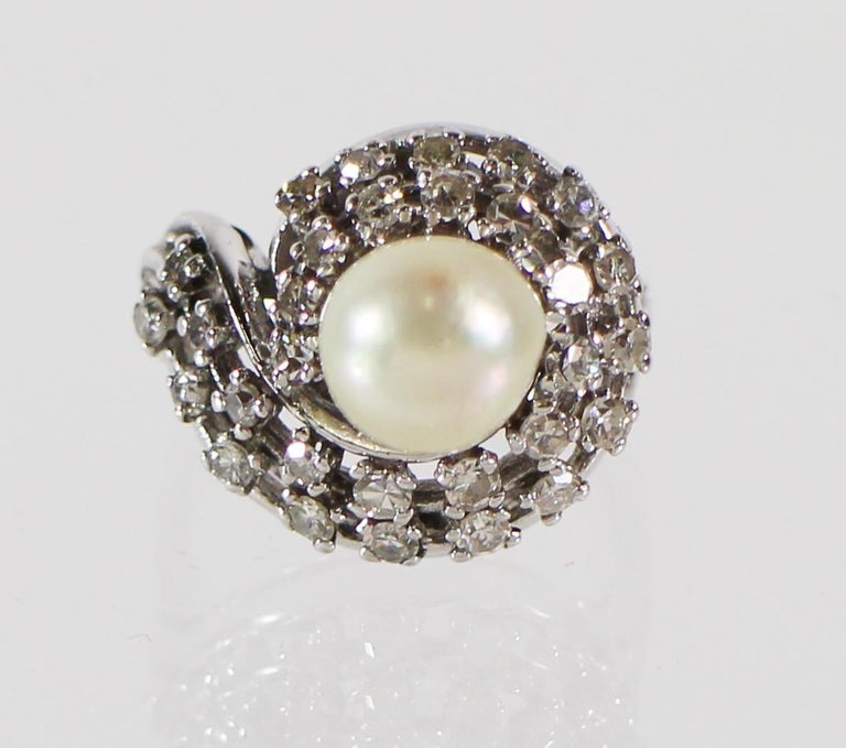 Vintage 14k White Gold Pearl and Diamond Ring For Sale at 1stDibs