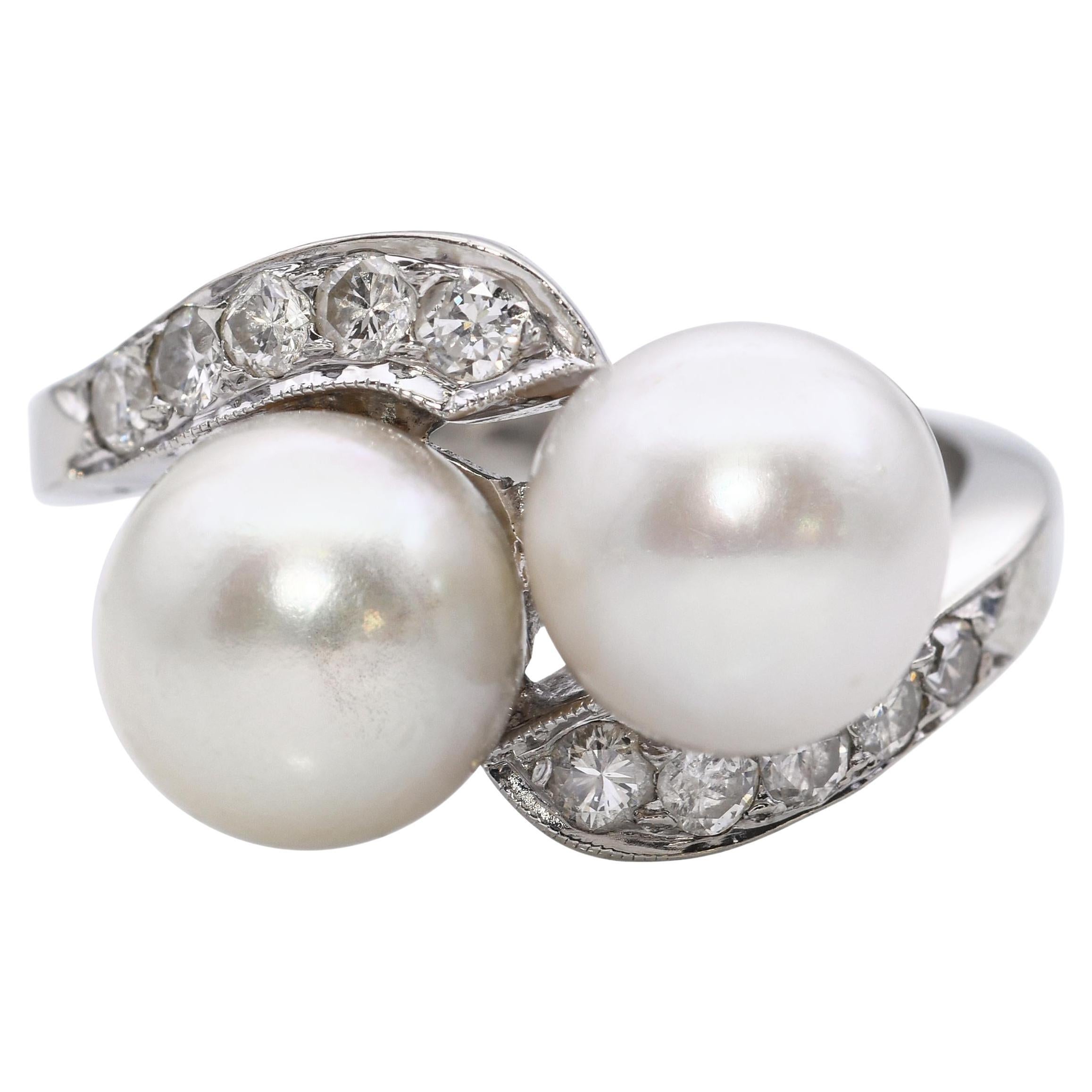 Anello Semi Bypass con perle e diamanti in oro bianco 14k vintage