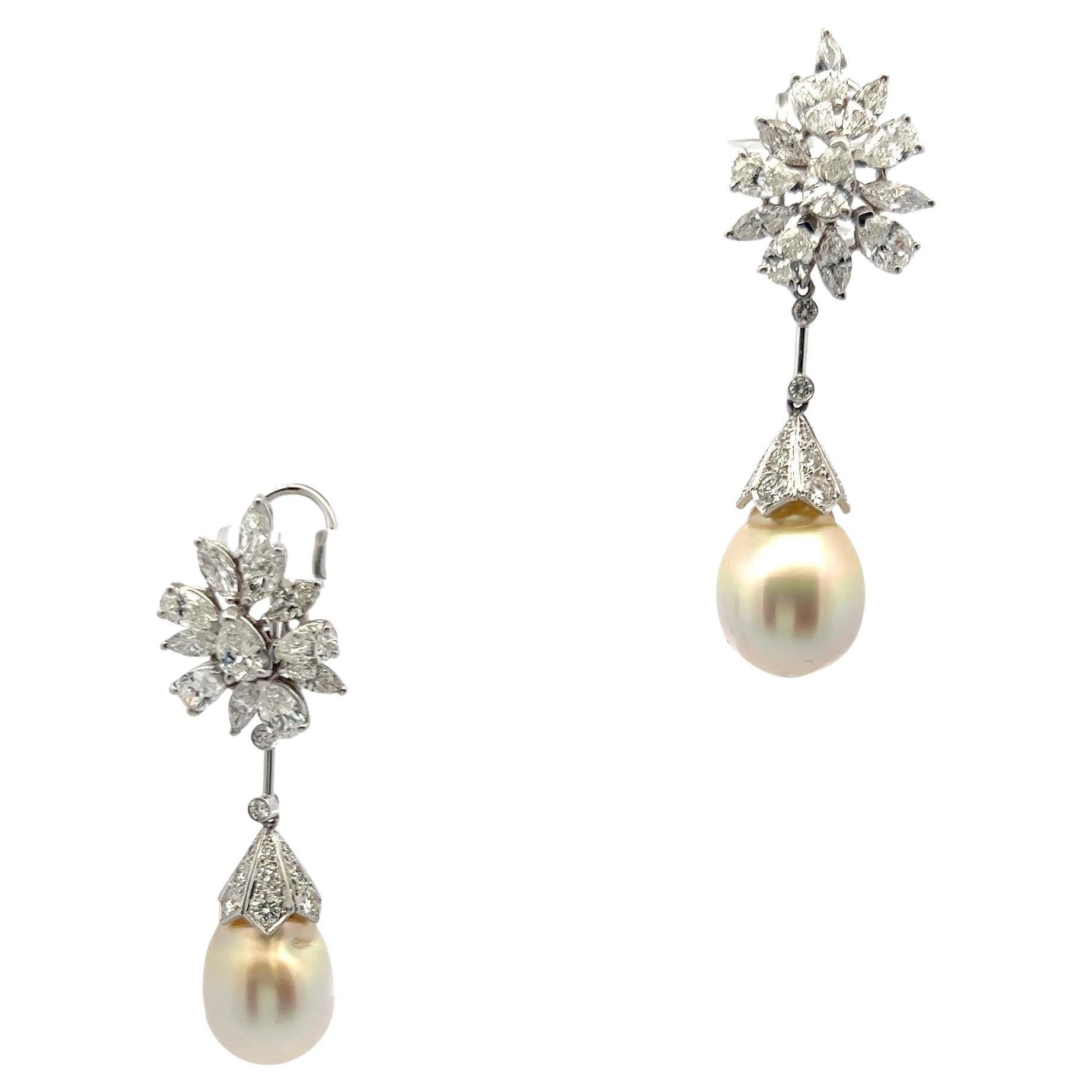 Vintage 14K White Gold Pearl Drop Earrings With 5.8 Carat Mixed Shape Diamonds