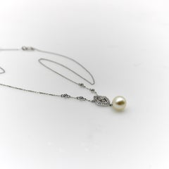 Vintage 14K White Gold Pearl Necklace with Pave Diamonds