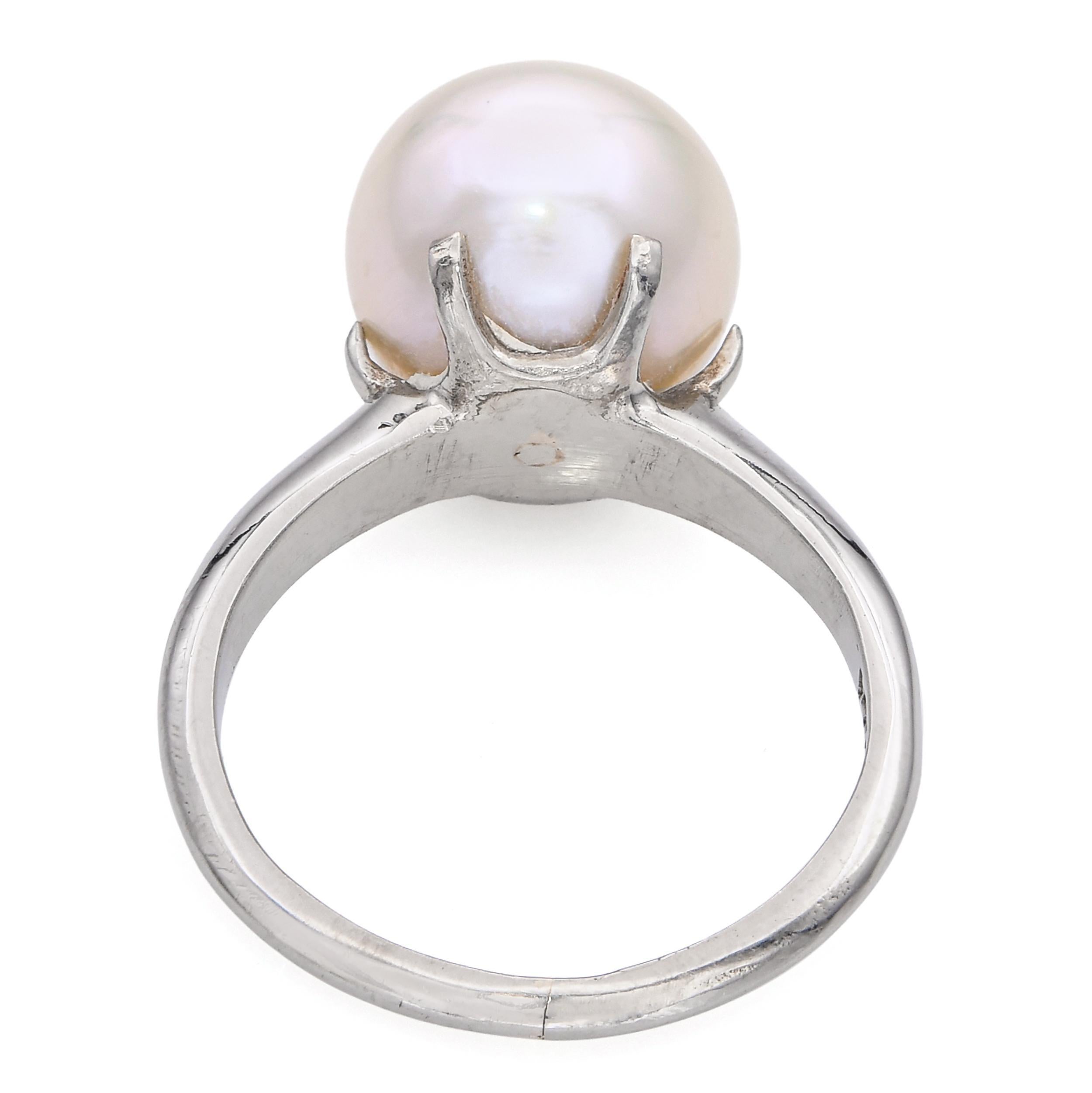 Vintage 14k Weißgold Perle Solitär Ring Damen im Angebot