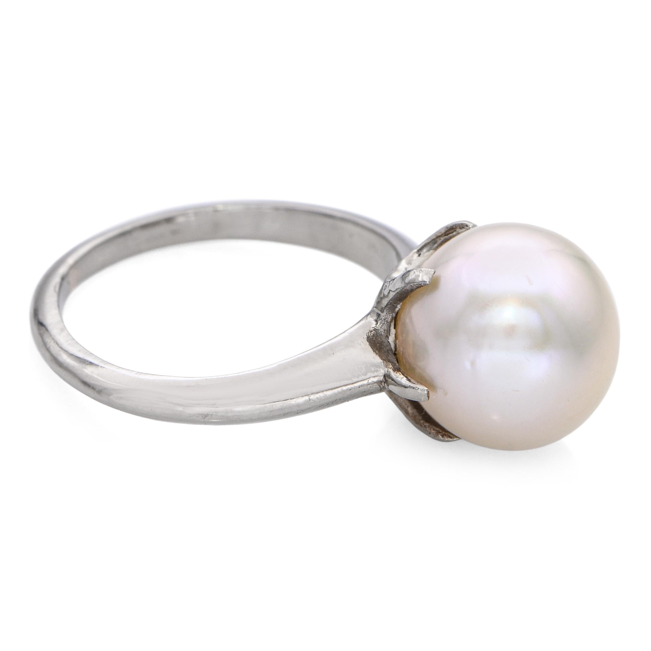 Vintage 14k Weißgold Perle Solitär Ring im Angebot 1