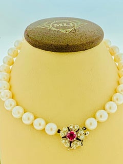 Vintage 14 Karat White Gold Pearl Strand Necklace with Diamond and Ruby Clasp