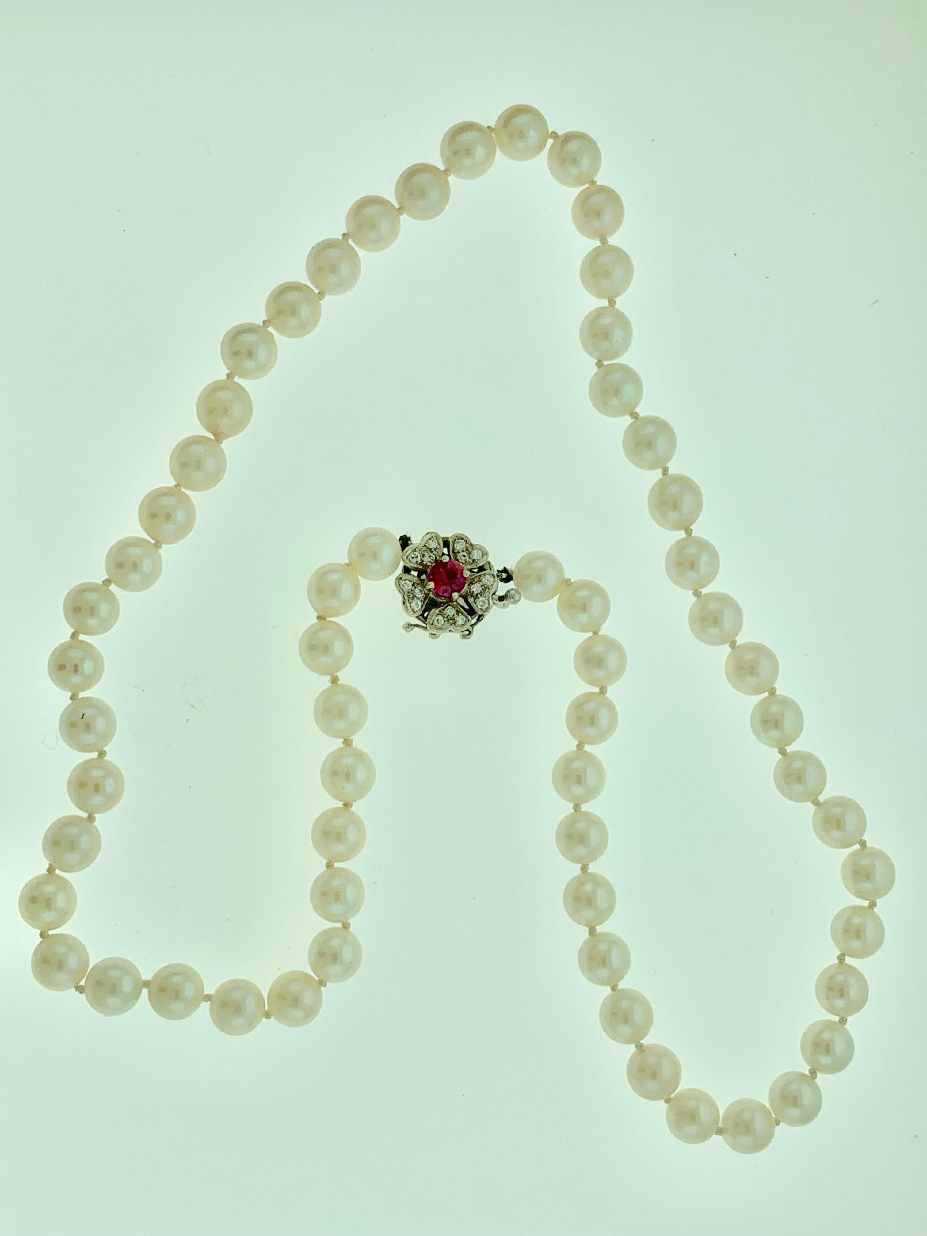 Vintage 14 Karat White Gold Pearl Strand Necklace with Diamond and Ruby Clasp 2