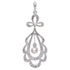 Vintage 14k White Gold Rose Cut Diamond and Pearl Bow Pendant