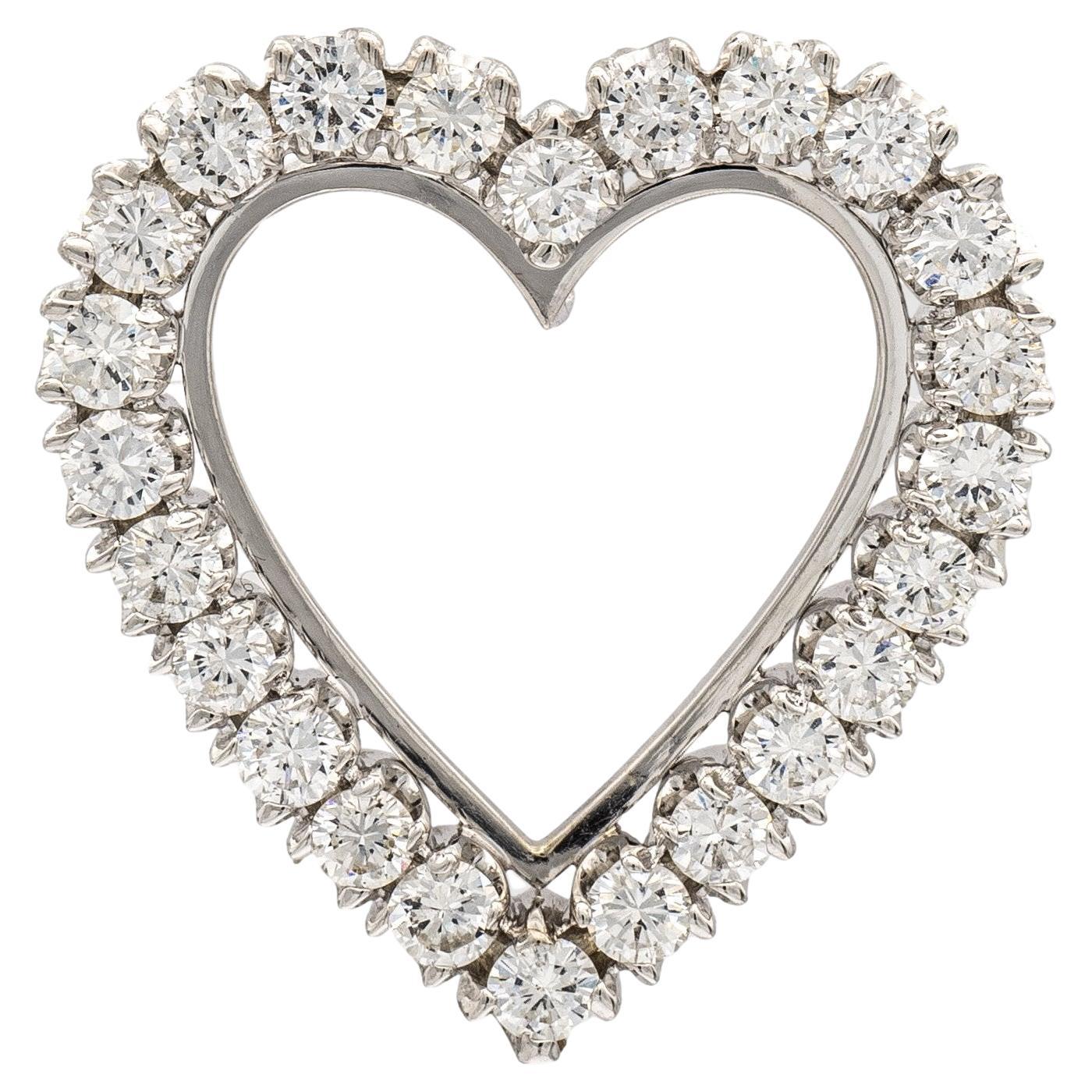 Vintage 14k White Gold Round Diamond Heart Pendant 2.40 Carat TW