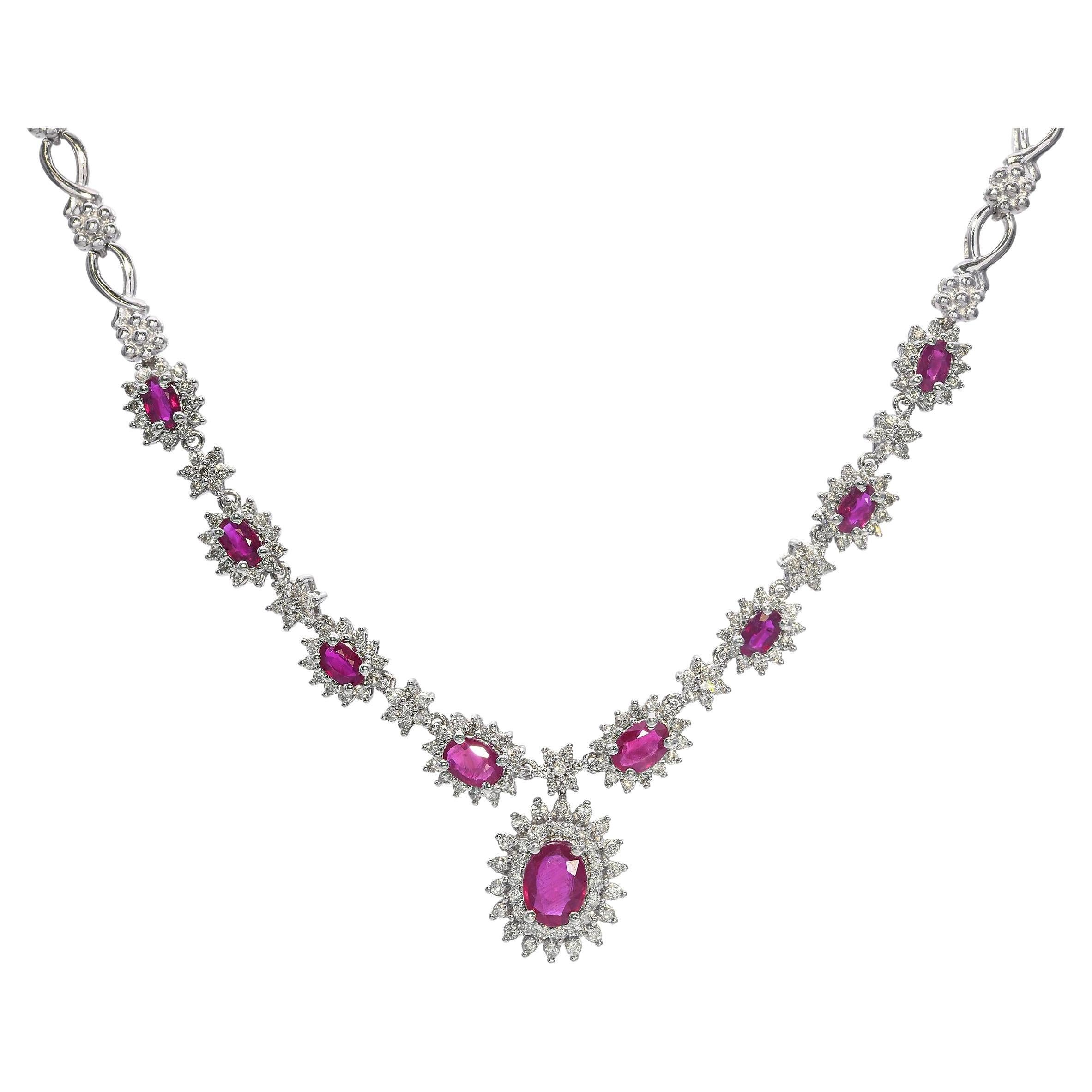 Vintage 14k White Gold Ruby and Diamond Necklace For Sale