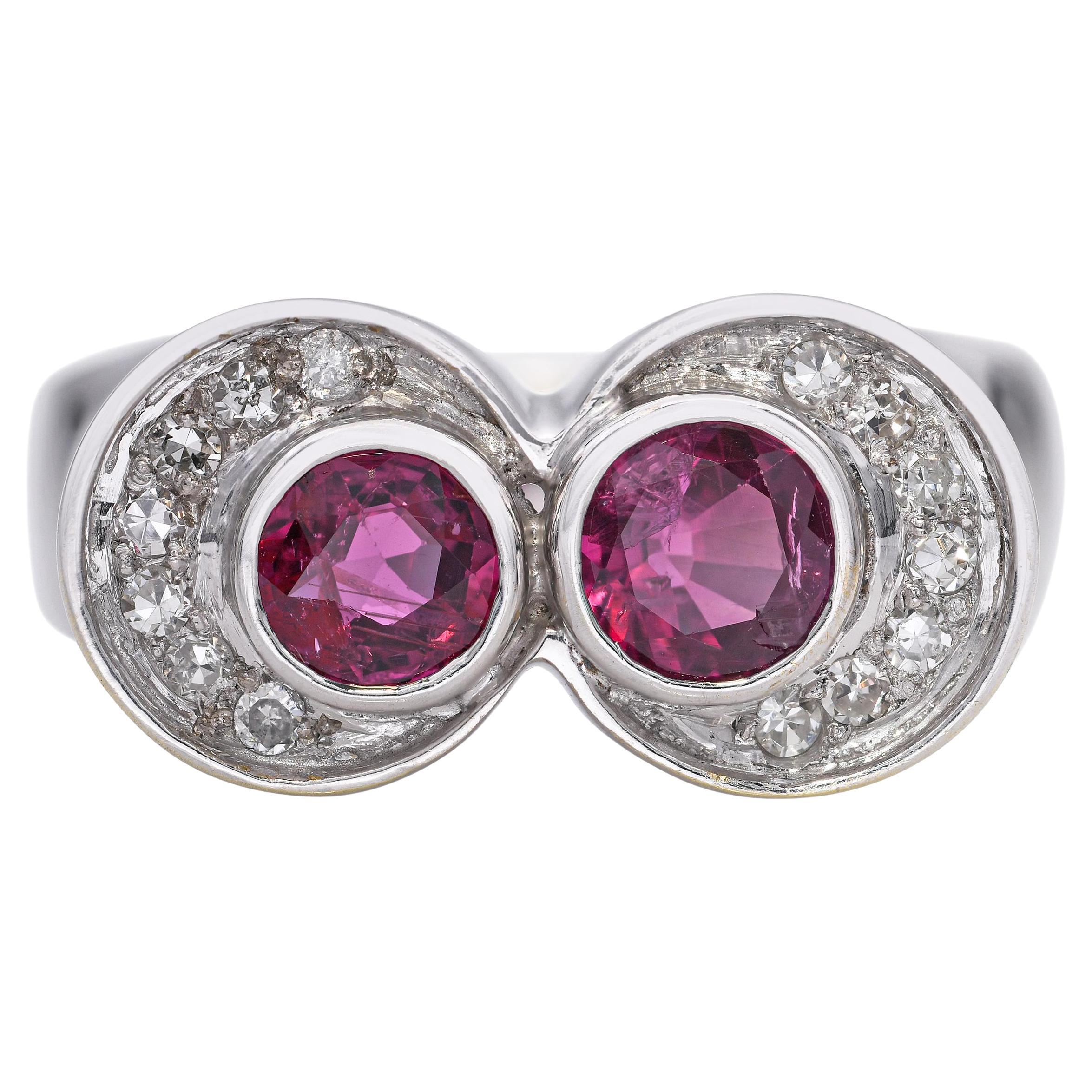 Bague vintage en or blanc 14k avec rubis et diamants