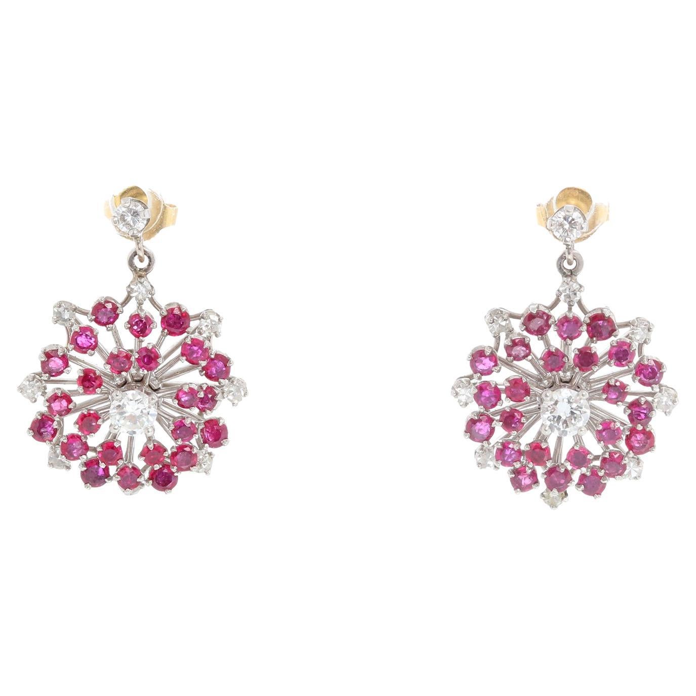 Vintage 14k White Gold Ruby & Diamond Earrings 3.5 Carat For Sale