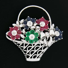 Vintage 14k White Gold Ruby Emerald Sapphire Multi Flower Bouquet Pot Brooch Pin