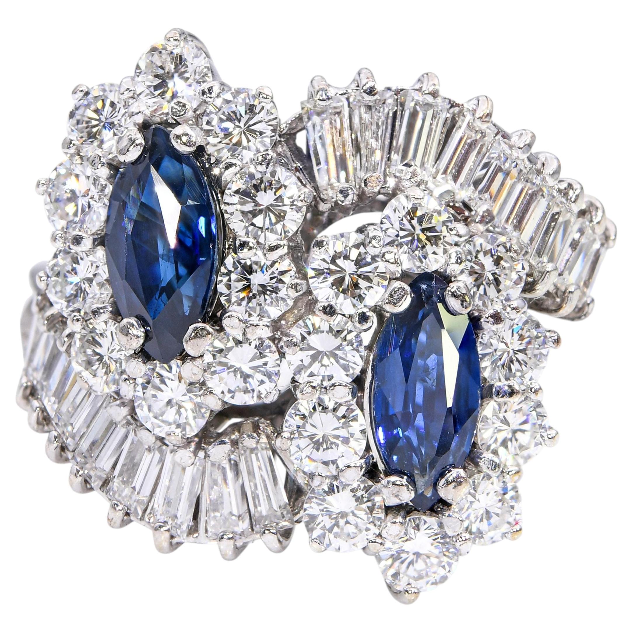 Vintage 14k White Gold Sapphire and Diamond Bypass Ring For Sale