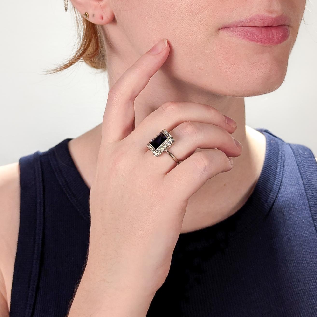 Vintage 14K White Gold, Sapphire, and Diamond Cocktail Ring For Sale 9