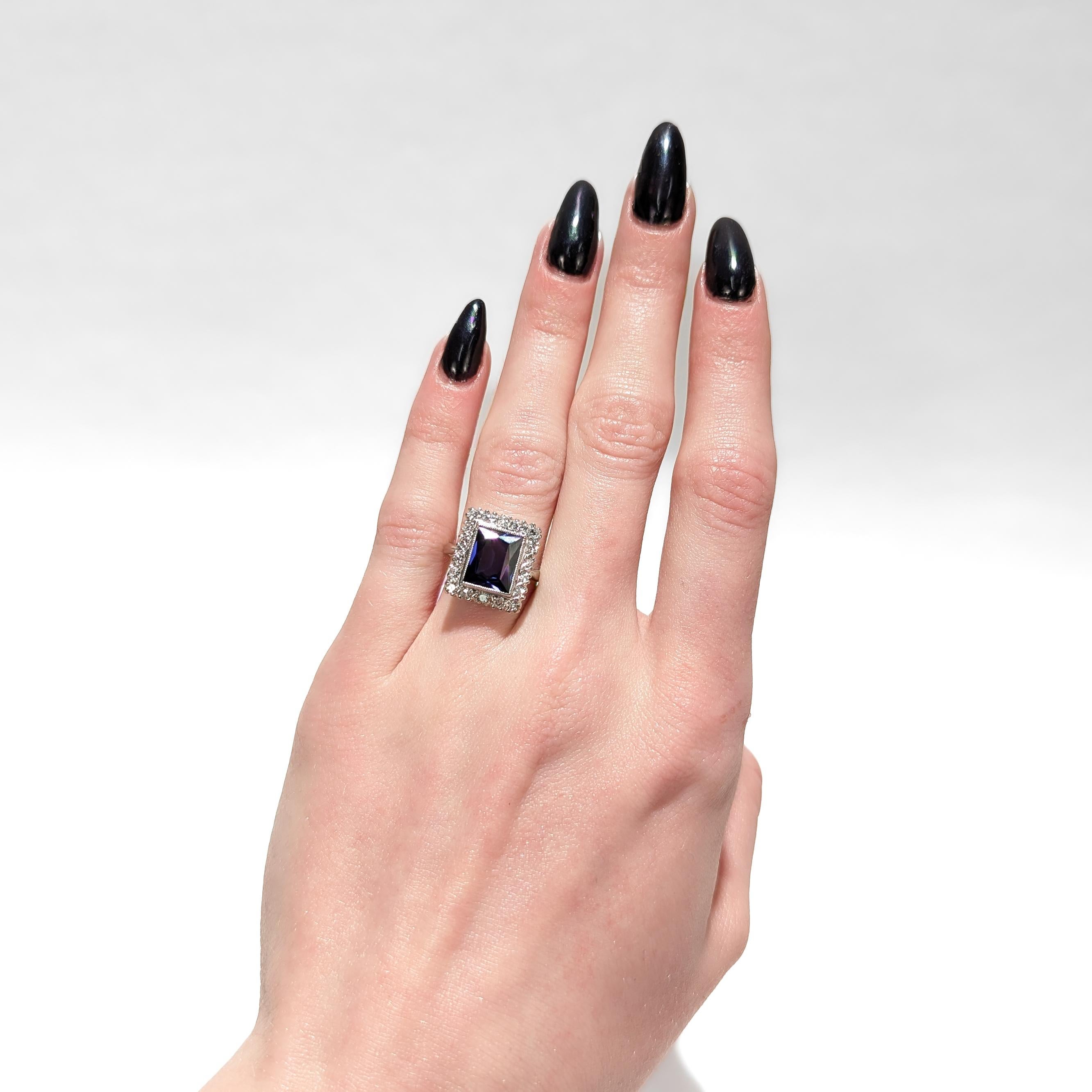 Retro Vintage 14K White Gold, Sapphire, and Diamond Cocktail Ring For Sale
