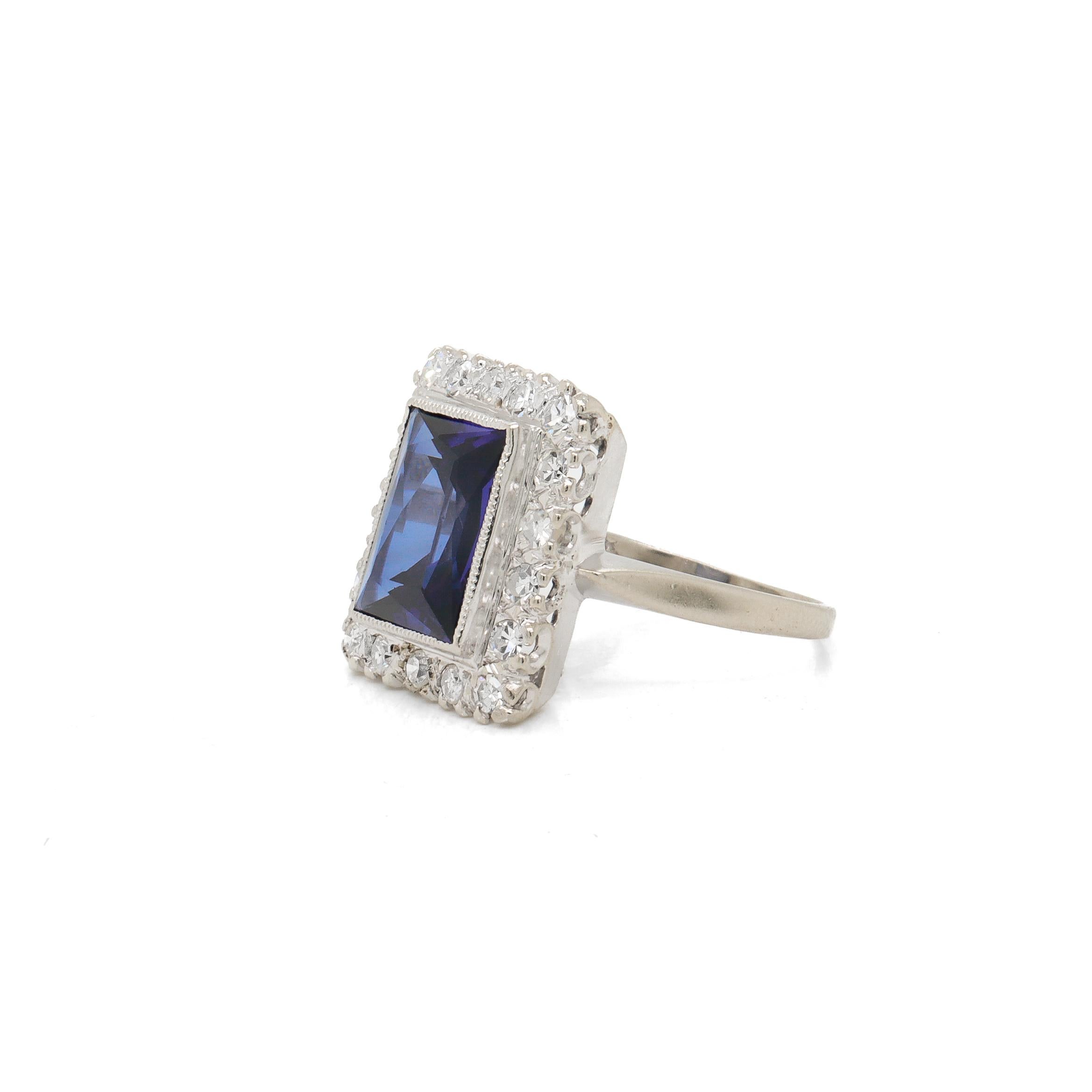 Brilliant Cut Vintage 14K White Gold, Sapphire, and Diamond Cocktail Ring For Sale