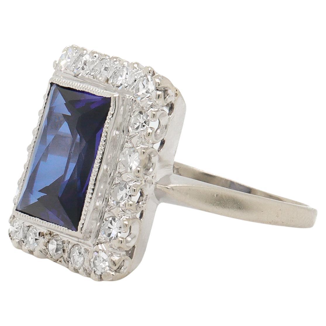 Anillo de cóctel vintage de oro blanco de 14 quilates, zafiro y diamantes