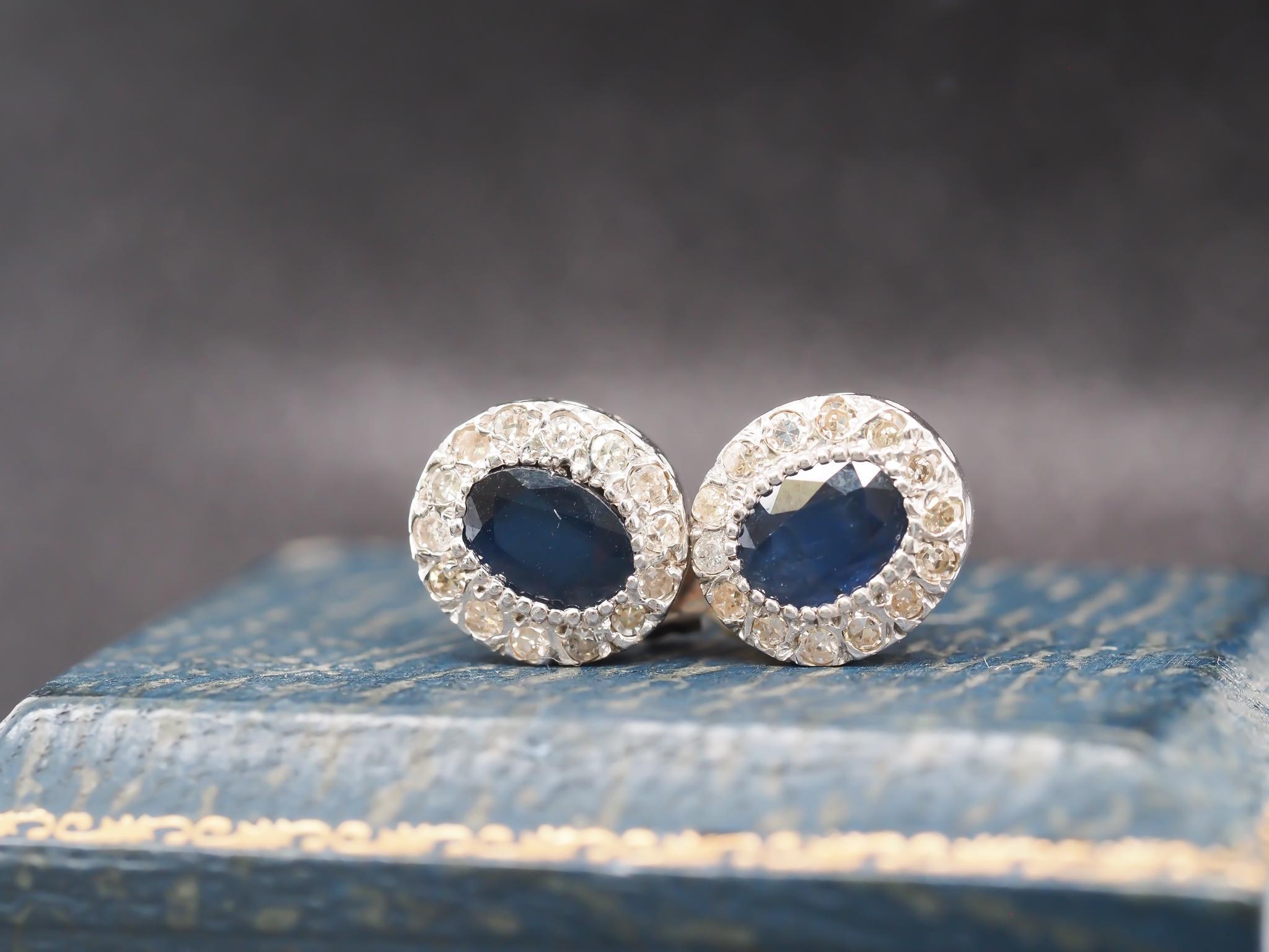 Oval Cut Vintage 14K White Gold Sapphire and Diamond Halo Earrings For Sale