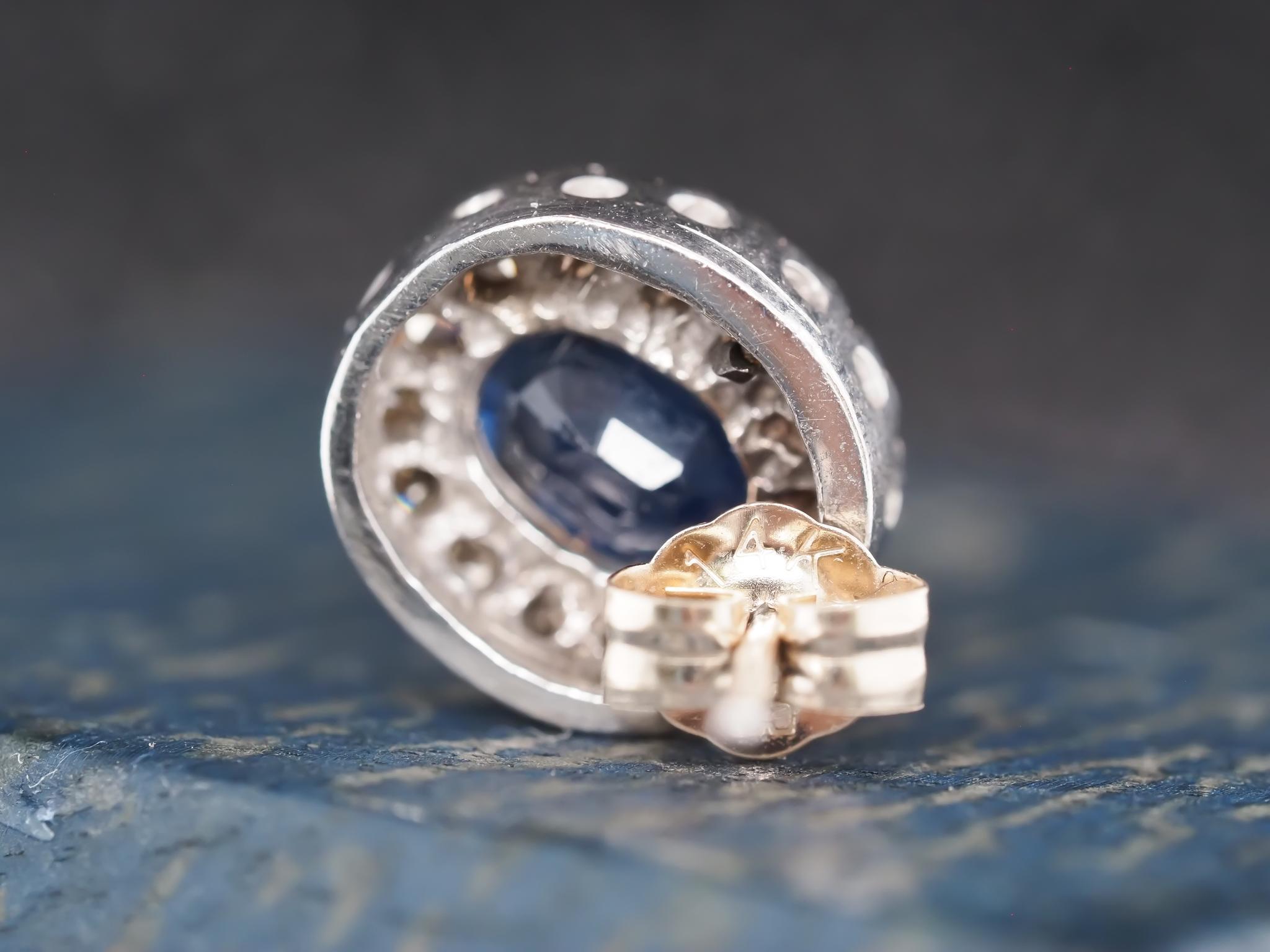Women's Vintage 14K White Gold Sapphire and Diamond Halo Earrings For Sale