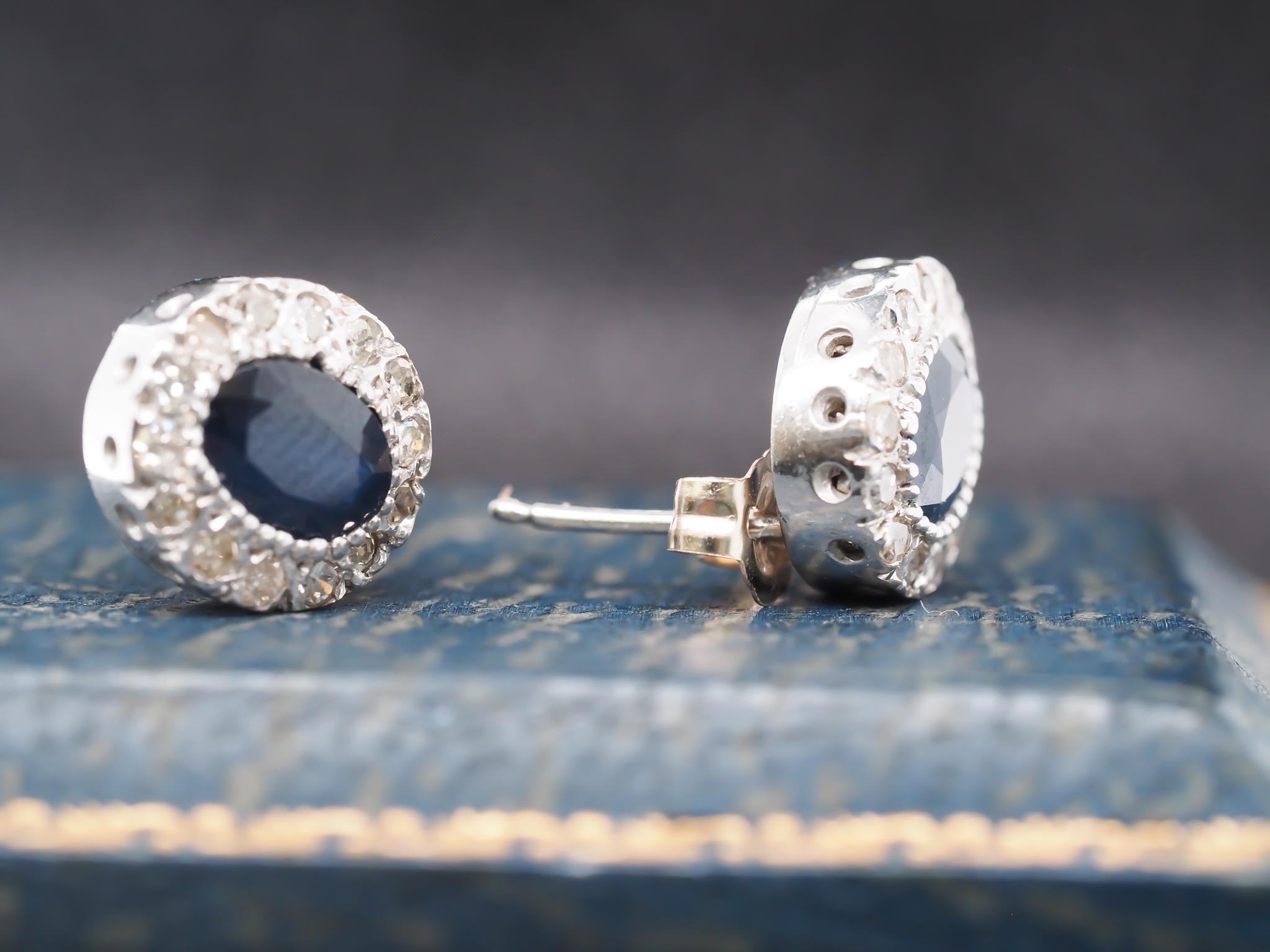 Vintage 14K White Gold Sapphire and Diamond Halo Earrings For Sale 1