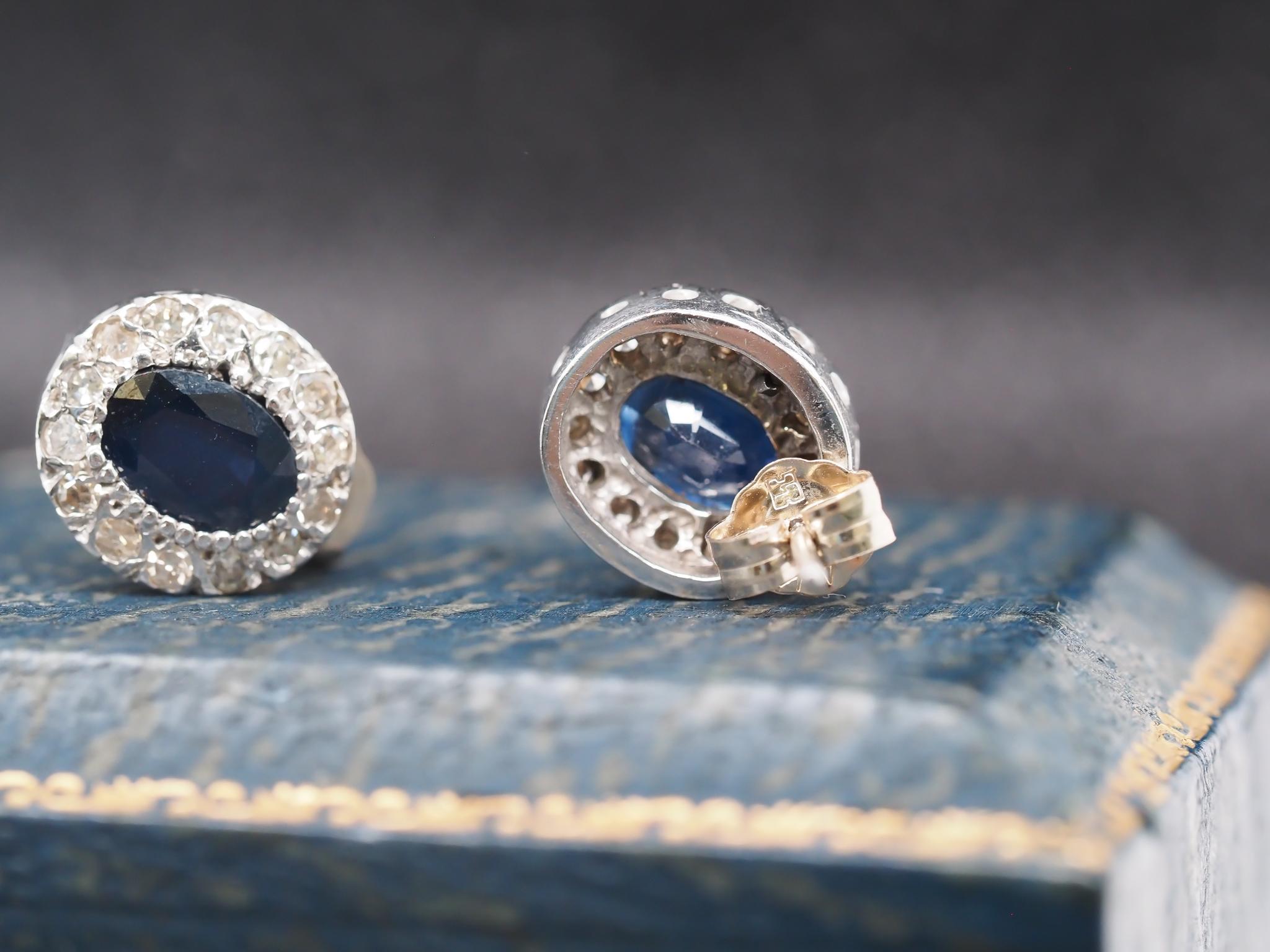 Vintage 14K White Gold Sapphire and Diamond Halo Earrings For Sale 2