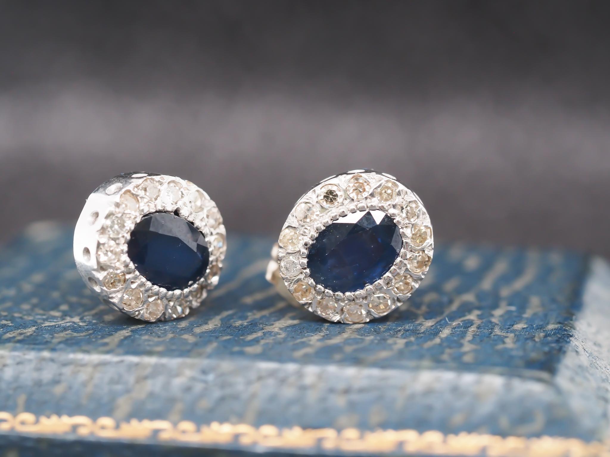 Vintage 14K White Gold Sapphire and Diamond Halo Earrings For Sale 3