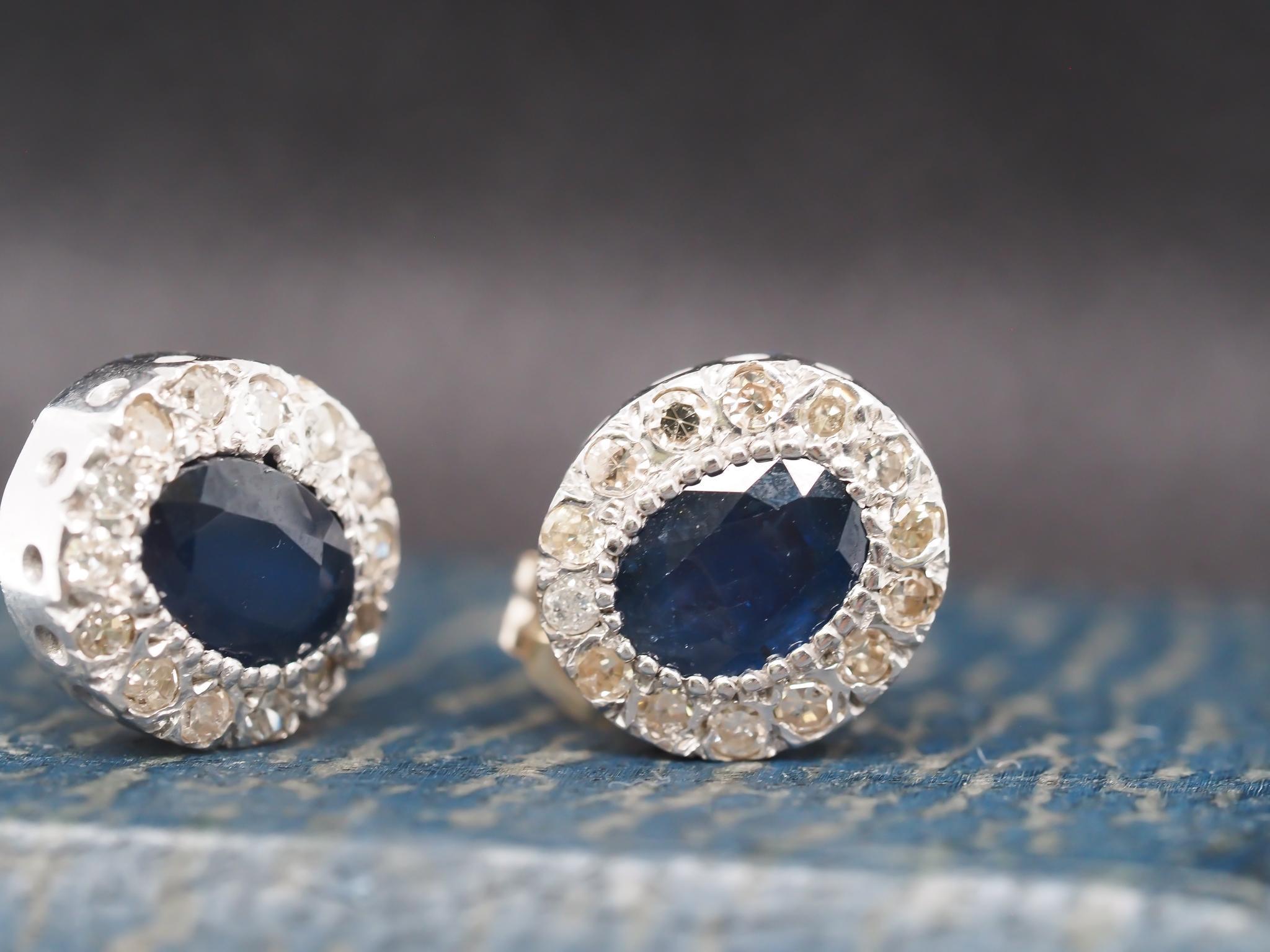 Vintage 14K White Gold Sapphire and Diamond Halo Earrings For Sale 4