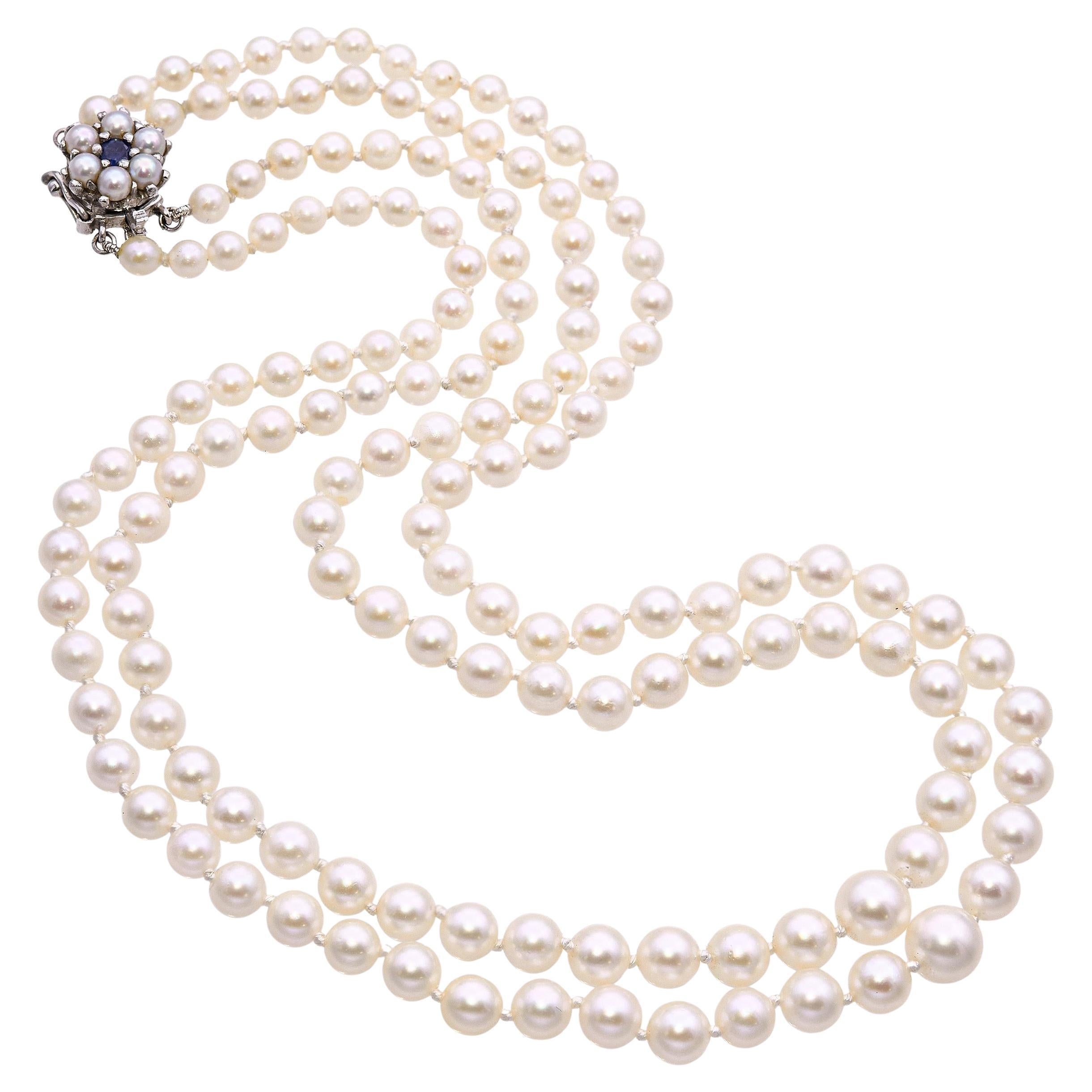 Collana a due fili con zaffiri e perle in oro bianco 14k vintage
