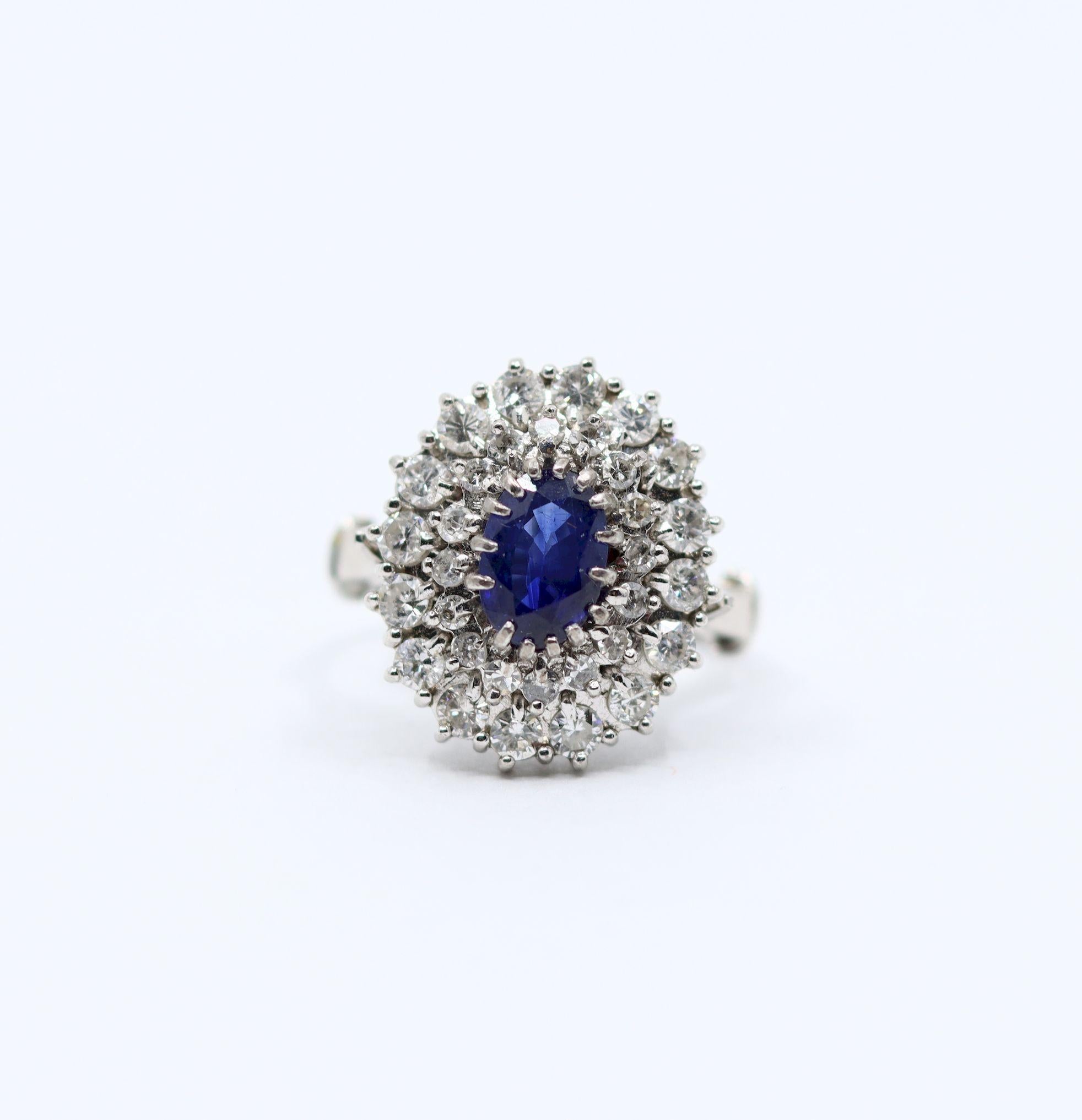 Oval Cut Vintage 14K White Gold Sapphire Diamonds Ring For Sale