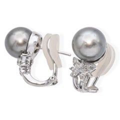 Vintage 14k White Gold South Sea Pearl and Diamond Butterfly Earrings