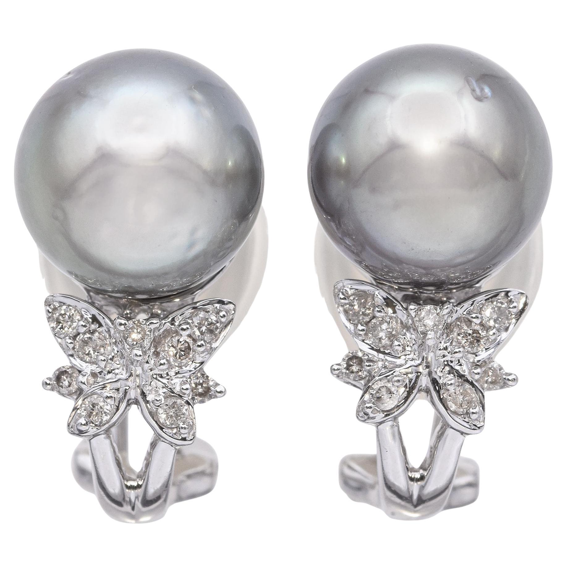 Vintage 14k White Gold South Sea Pearl and Diamond Butterfly Earrings