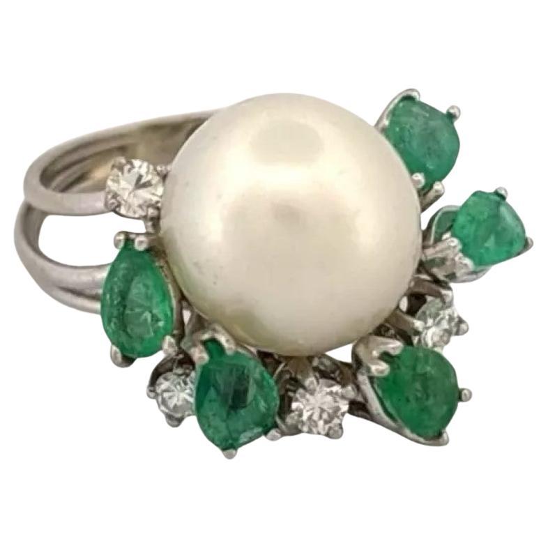 Vintage 14K White Gold South Sea Pearl, Emerald & Diamond Cocktail Ring