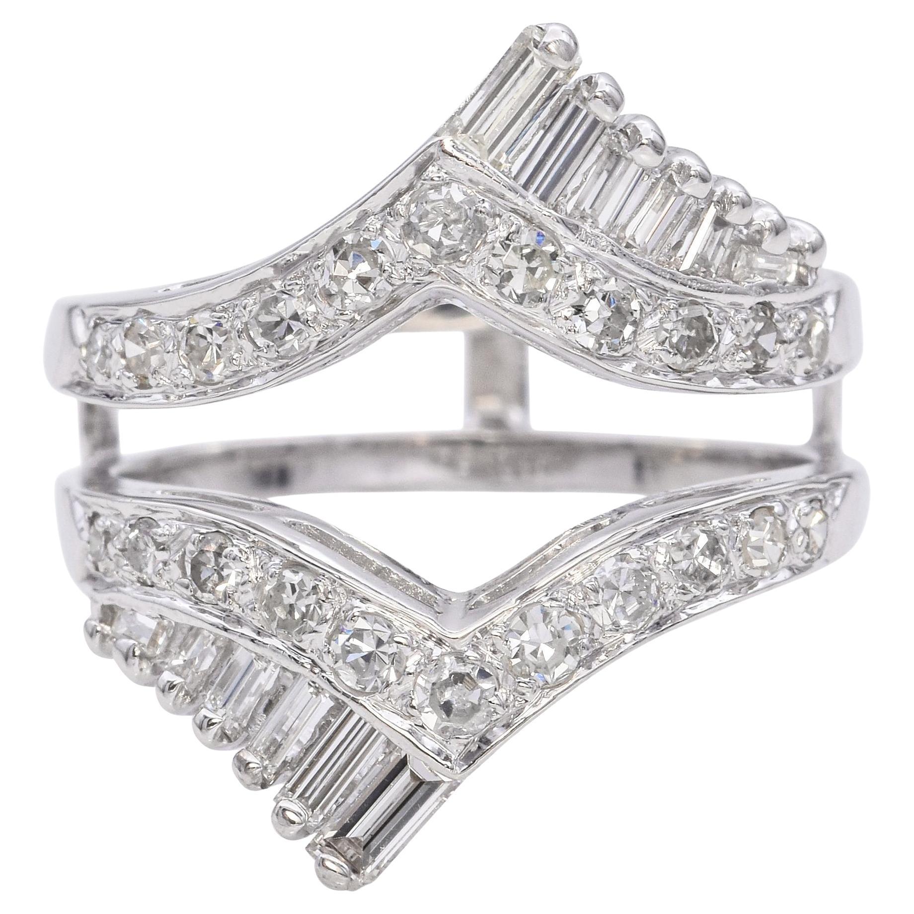 Vintage 14k White Gold Split Band Diamond Ring Guard For Sale