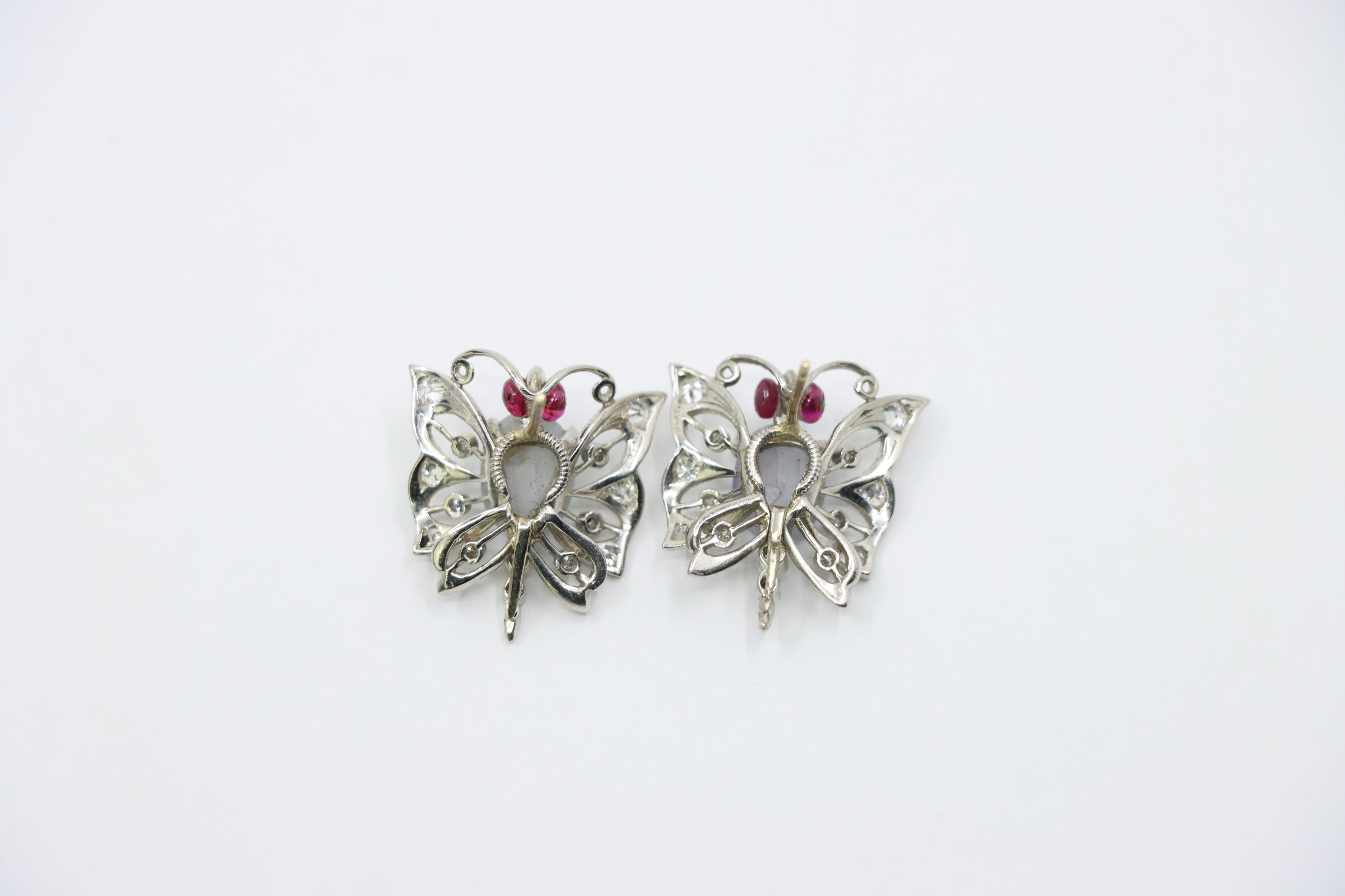 Vintage 14k White Gold Star Sapphire Agate Diamond Butterfly Earrings For Sale 6