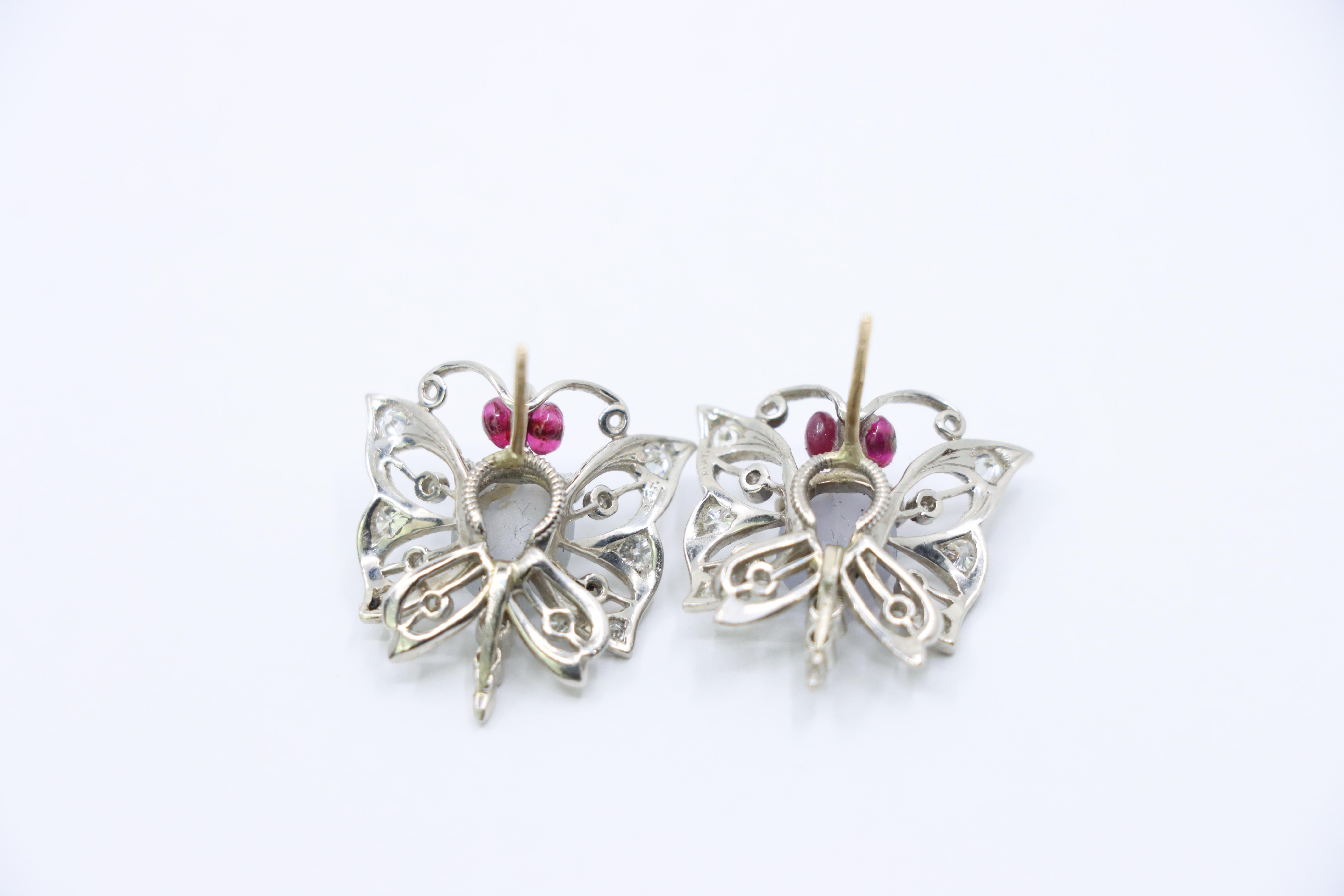 Vintage 14k White Gold Star Sapphire Agate Diamond Butterfly Earrings For Sale 7