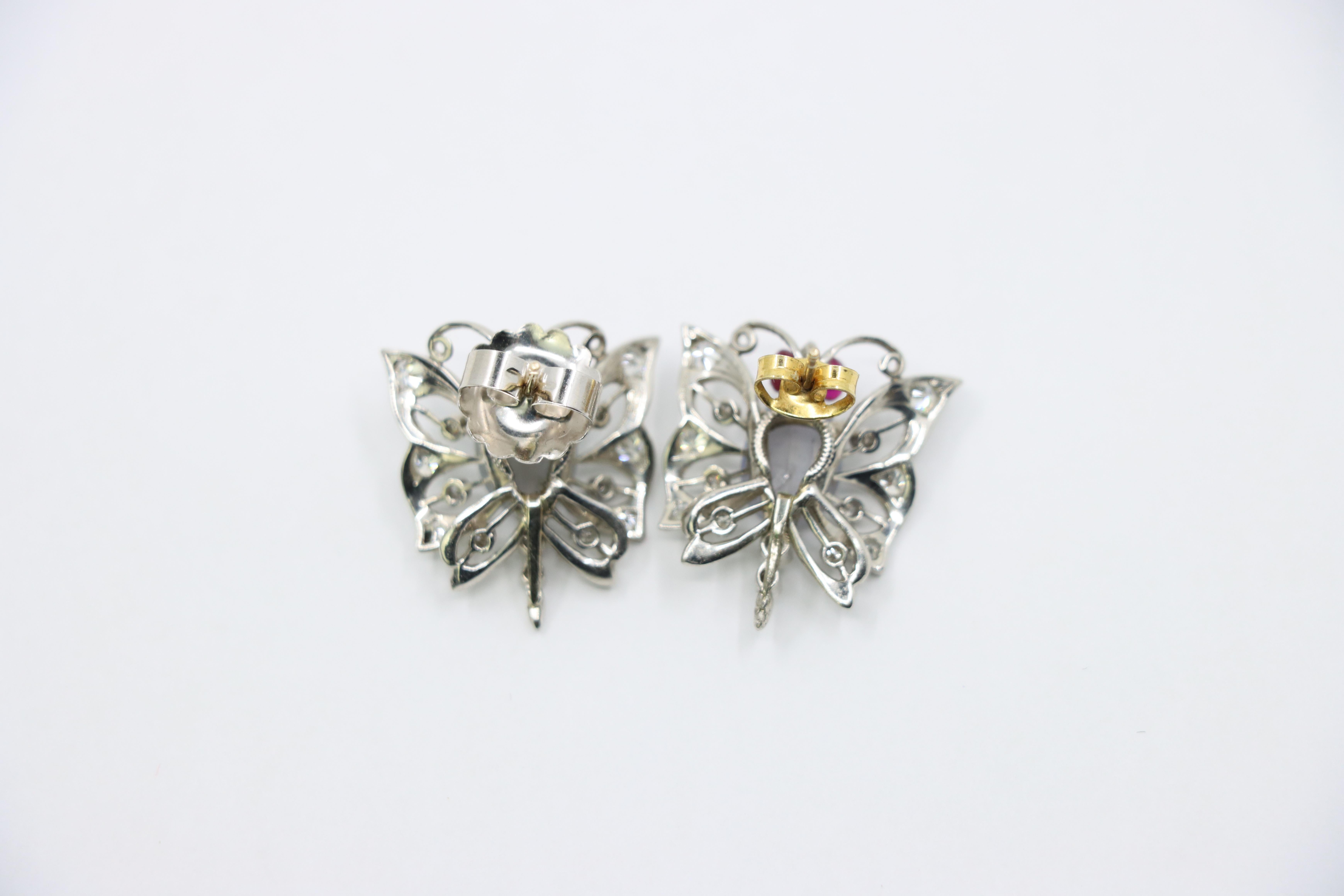 Vintage 14k White Gold Star Sapphire Agate Diamond Butterfly Earrings For Sale 8
