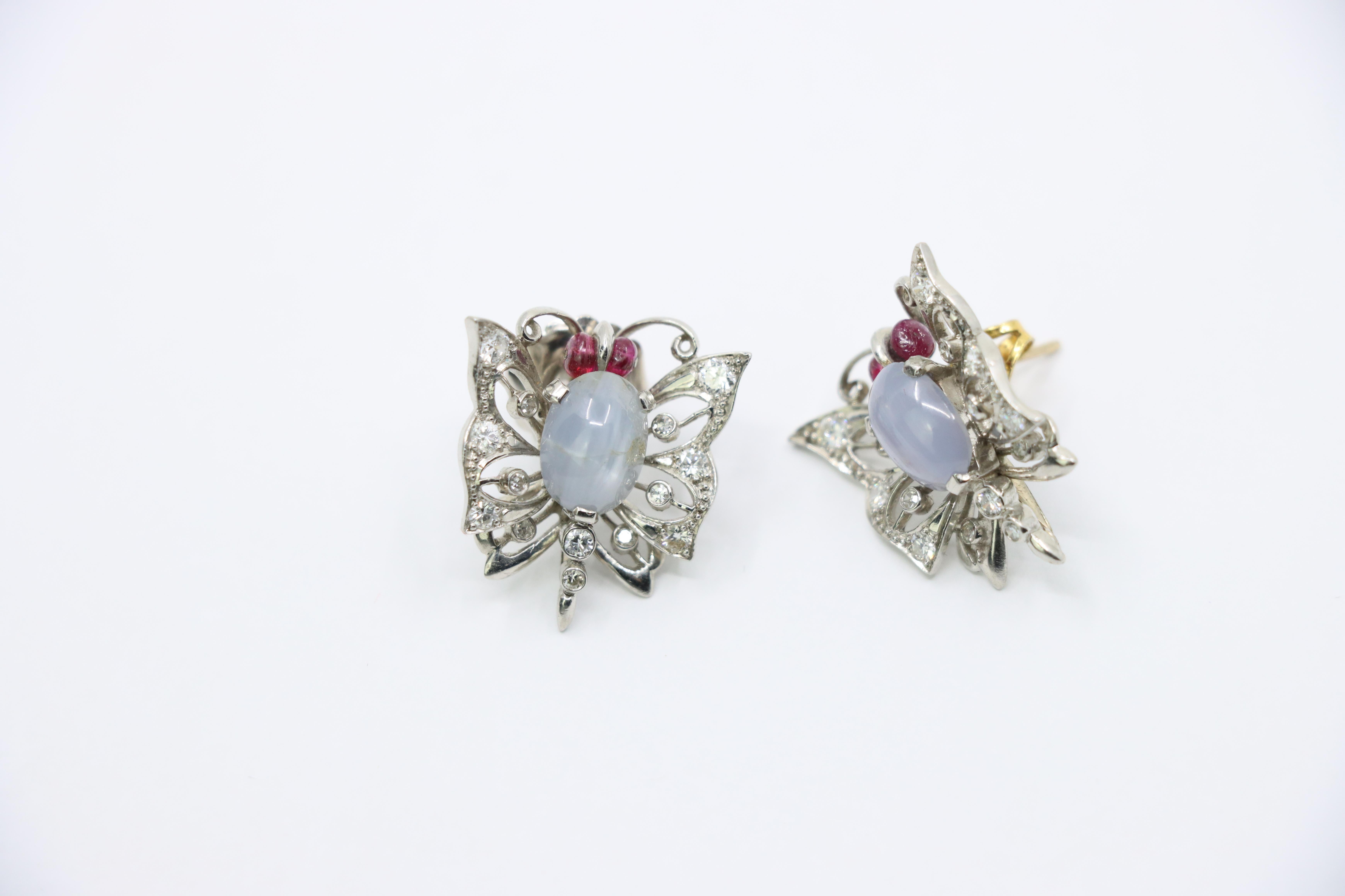 Vintage 14k White Gold Star Sapphire Agate Diamond Butterfly Earrings For Sale 9