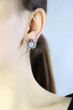 Vintage 14k White Gold Star Sapphire Agate Diamond Butterfly Earrings