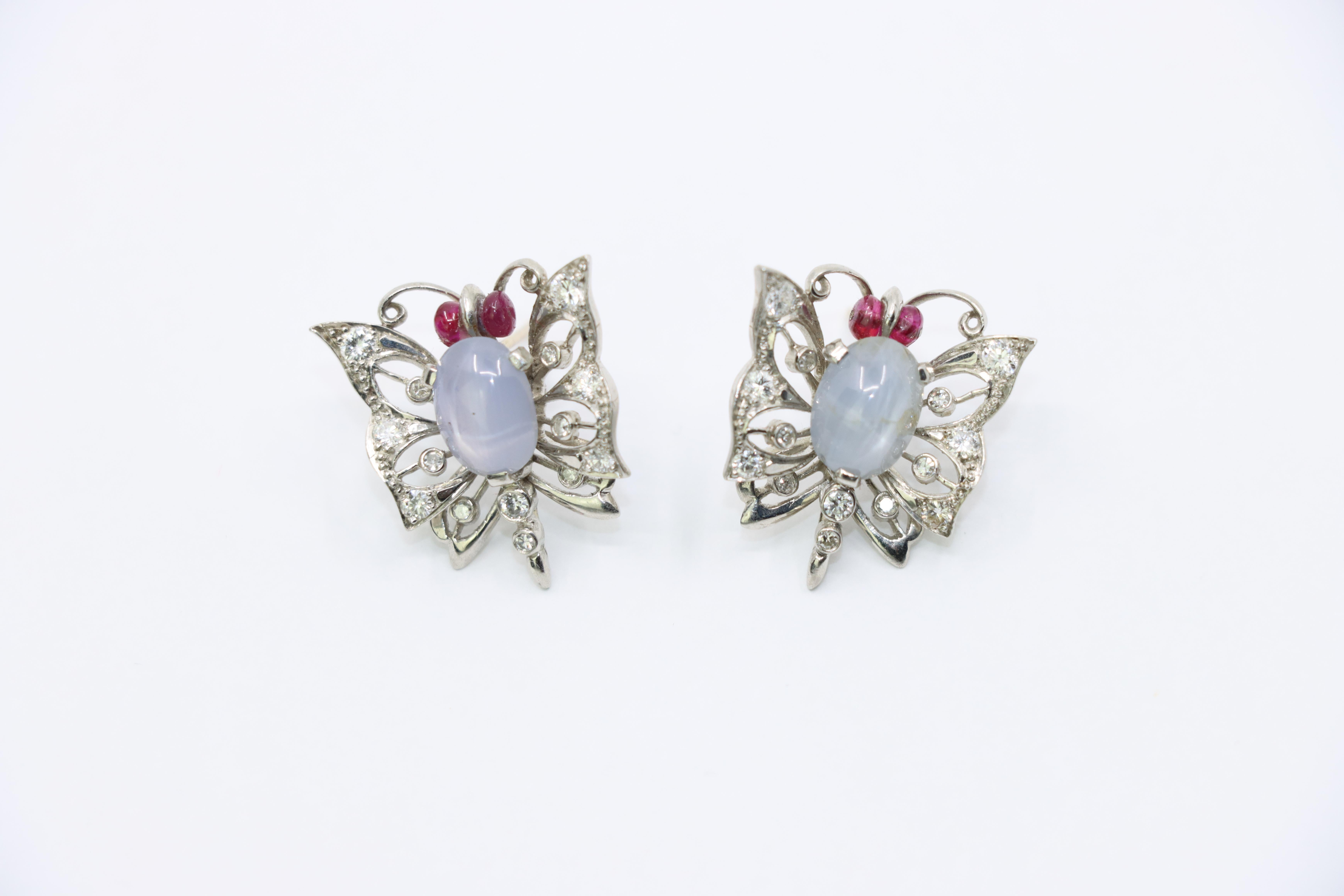 Women's or Men's Vintage 14k White Gold Star Sapphire Agate Diamond Butterfly Earrings For Sale